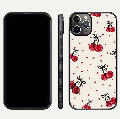 Cherry Heart Bow Glass Case for iPhone 11 Pro Max close-up highlighting small bows, cherry red tones, and gloss shine