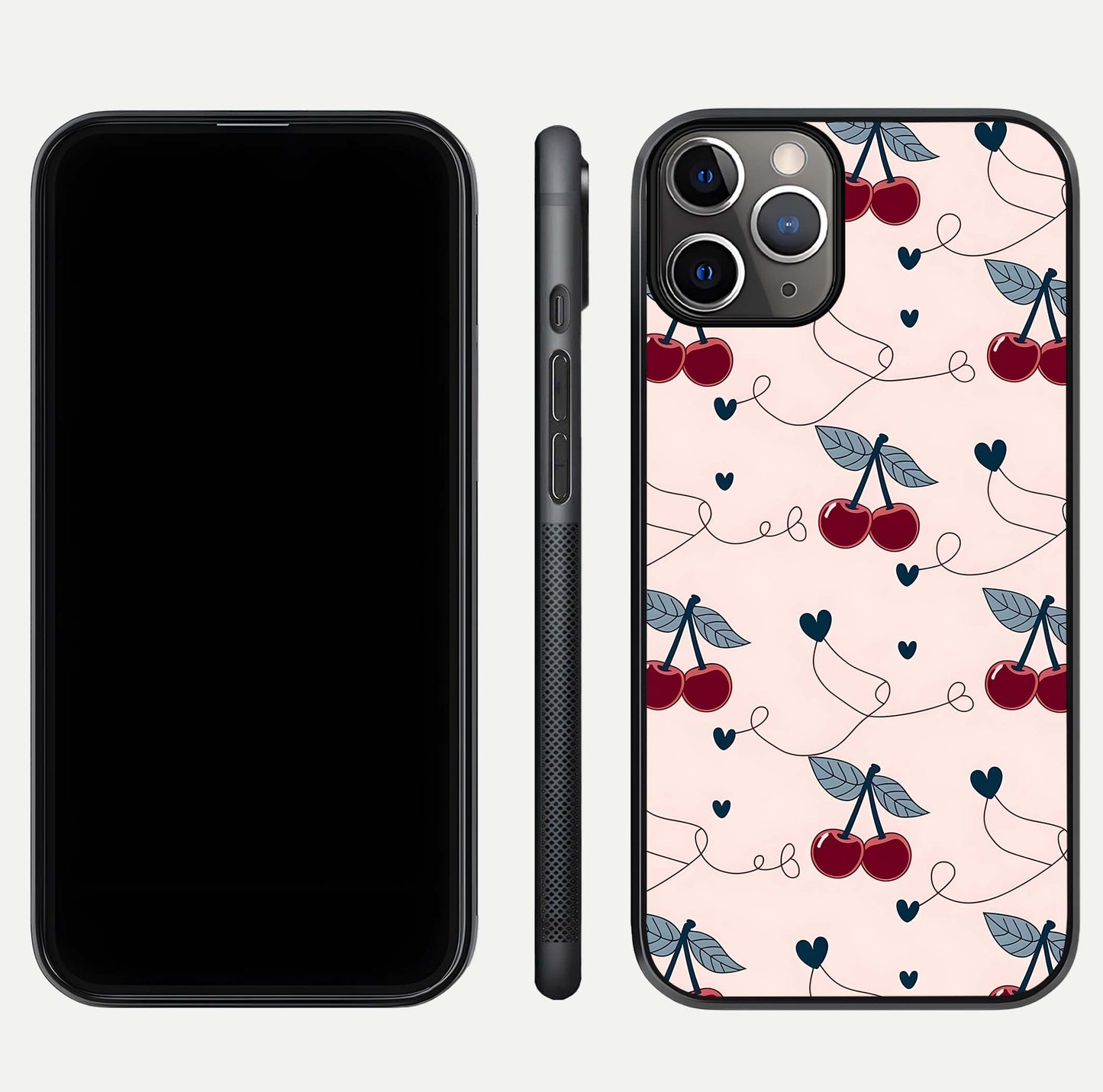 Cherry Heart Line Glass Case for iPhone 11 Pro Max close-up showing heart outline and HD reflection gloss
