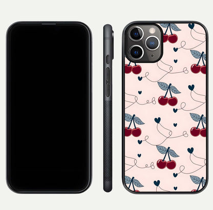 Cherry Heart Line Glass Case for iPhone 11 Pro Max close-up showing heart outline and HD reflection gloss
