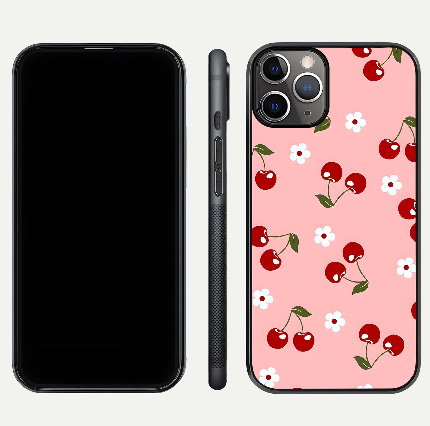 Cherry Love Mood Glass Case for iPhone 11 Pro Max close-up highlighting cherry heart pattern and reflection shine