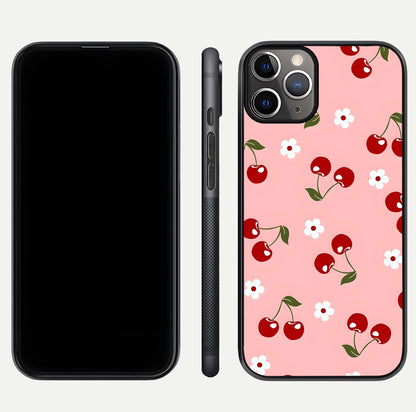 Cherry Love Mood Glass Case for iPhone 11 Pro Max close-up highlighting cherry heart pattern and reflection shine
