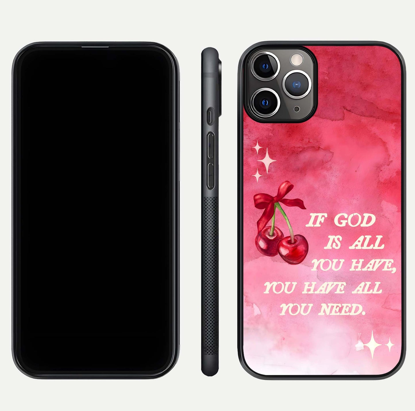 Cherry Quote Glass Case for iPhone 11 Pro Max close-up showing printed quote detail and HD reflection gloss