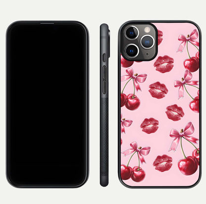Cherry With Lips Glass Case for iPhone 11 Pro Max close-up view highlighting lips texture and reflection shine