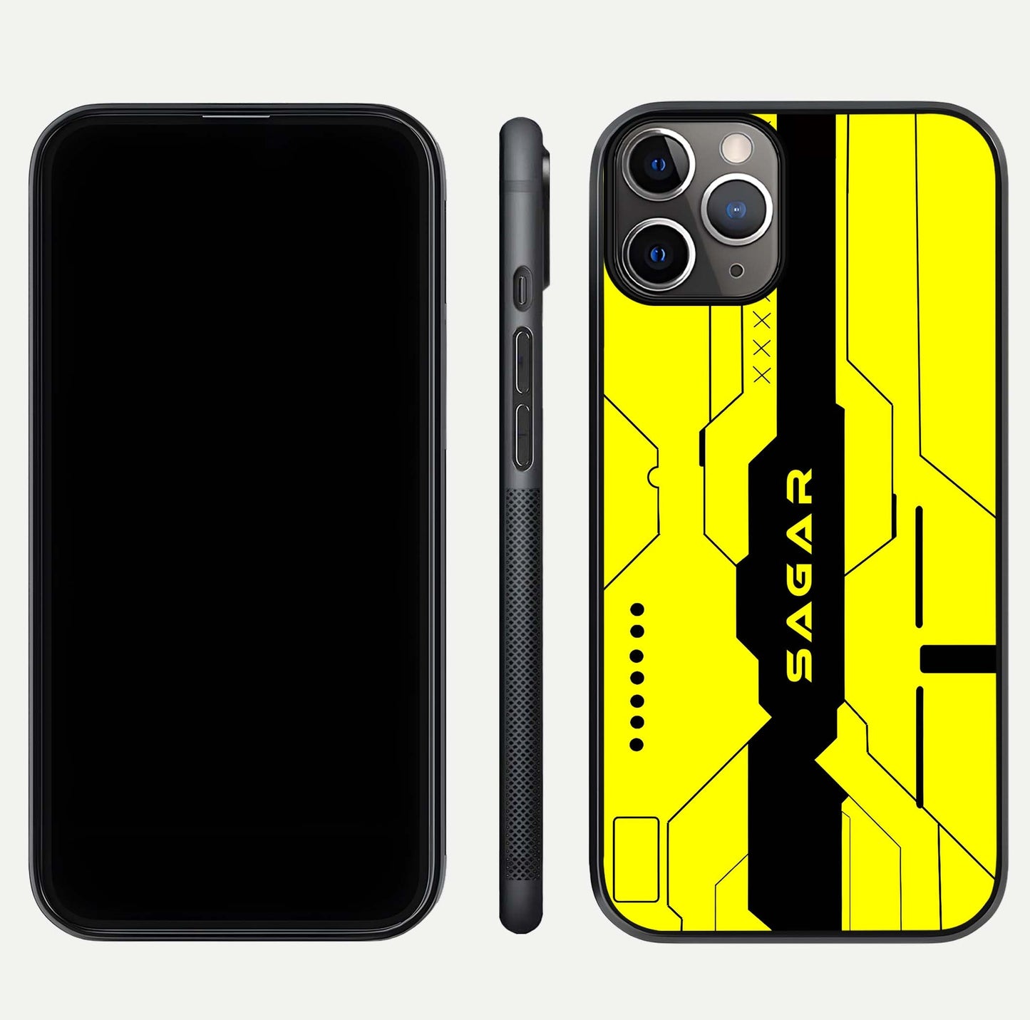 Circuit CYBERPUNK Custom Name Glass Case for iPhone 11 Pro Max close-up highlighting neon lines, futuristic tones, and gloss reflection