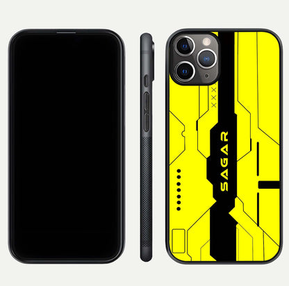 Circuit CYBERPUNK Custom Name Glass Case for iPhone 11 Pro Max close-up highlighting neon lines, futuristic tones, and gloss reflection