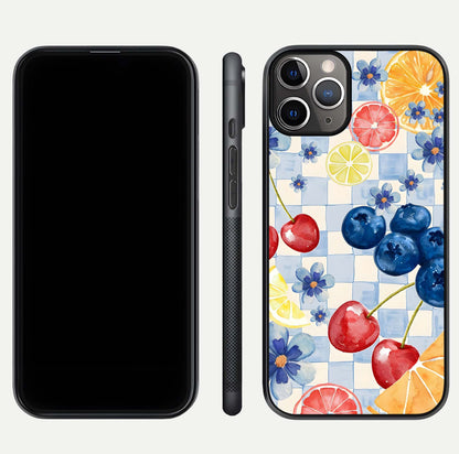 Citrus Bloom Joy Glass Case for iPhone 11 Pro Max close-up highlighting orange blossoms and reflection detail