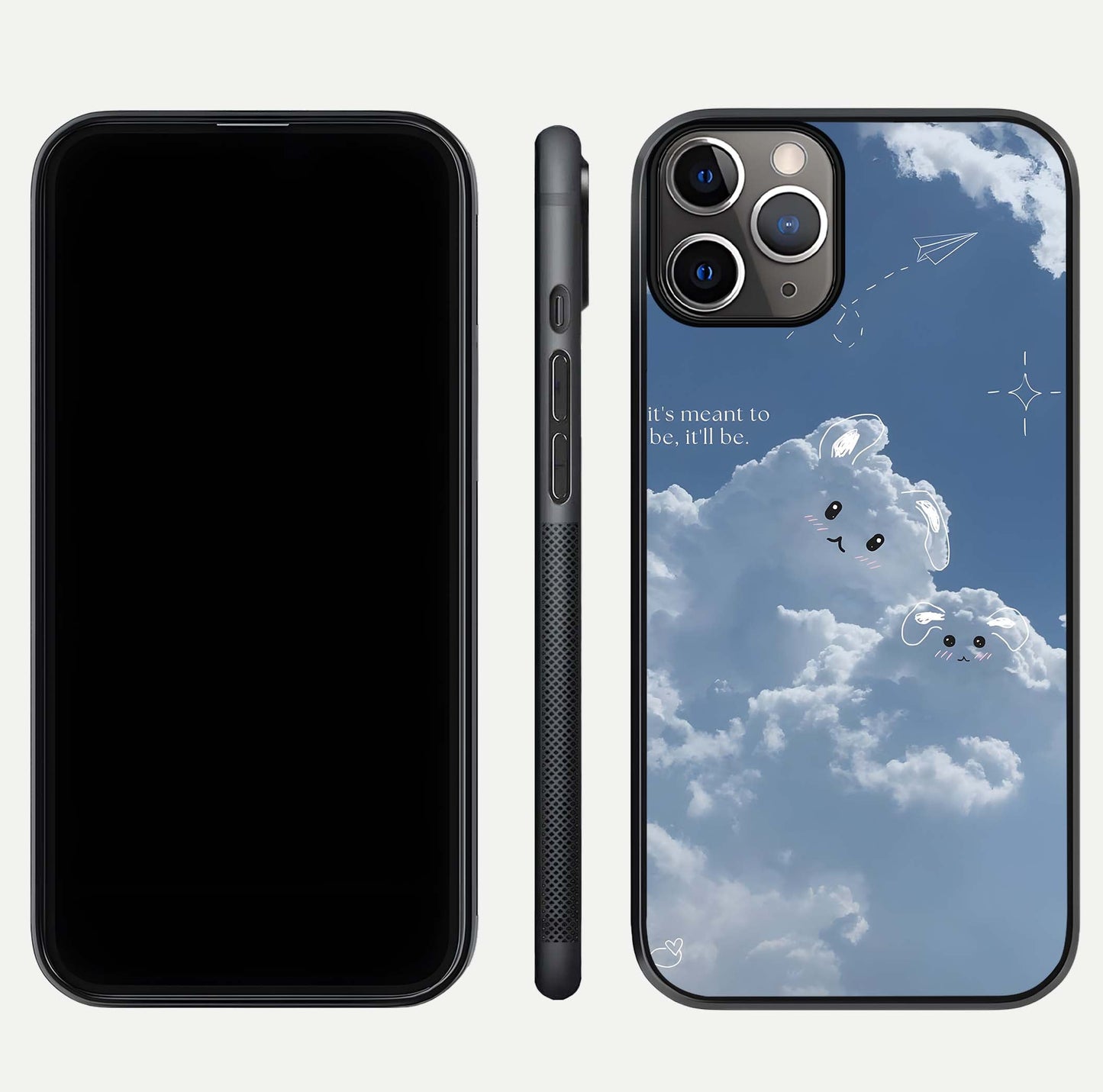 Cloud Bunny Dreams Glass Case for iPhone 11 Pro Max close-up showing bunny art, dreamy clouds, and HD shine