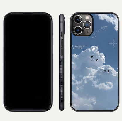 Cloud Bunny Dreams Glass Case for iPhone 11 Pro Max close-up showing bunny art, dreamy clouds, and HD shine
