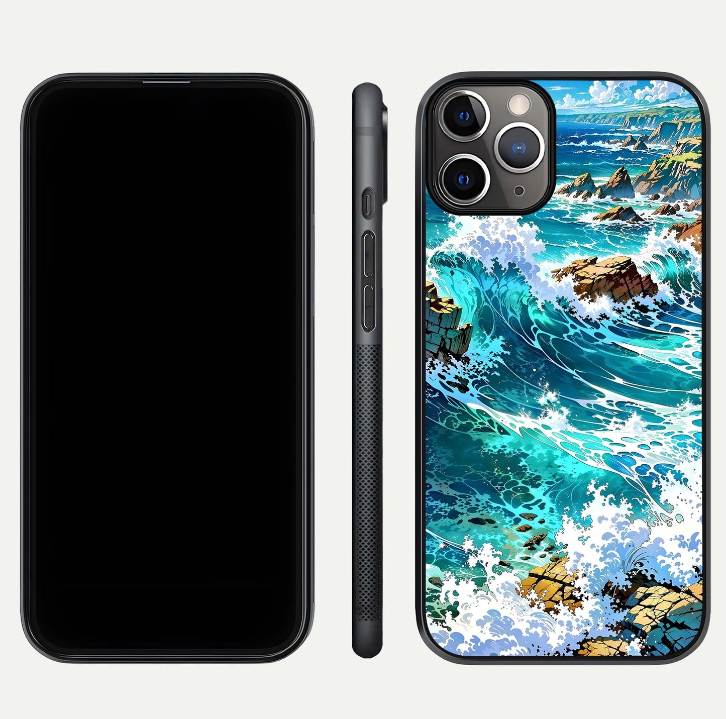 Coastal Blue Waves Glass Case for iPhone 11 Pro Max close-up highlighting wave texture and blue shine
