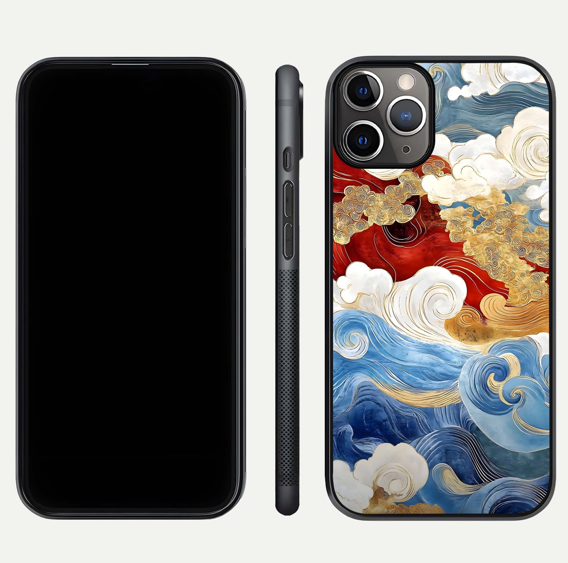 Colored Waves Glass Case for iPhone 11 Pro Max close-up angled shot highlighting gradient flow and light reflection