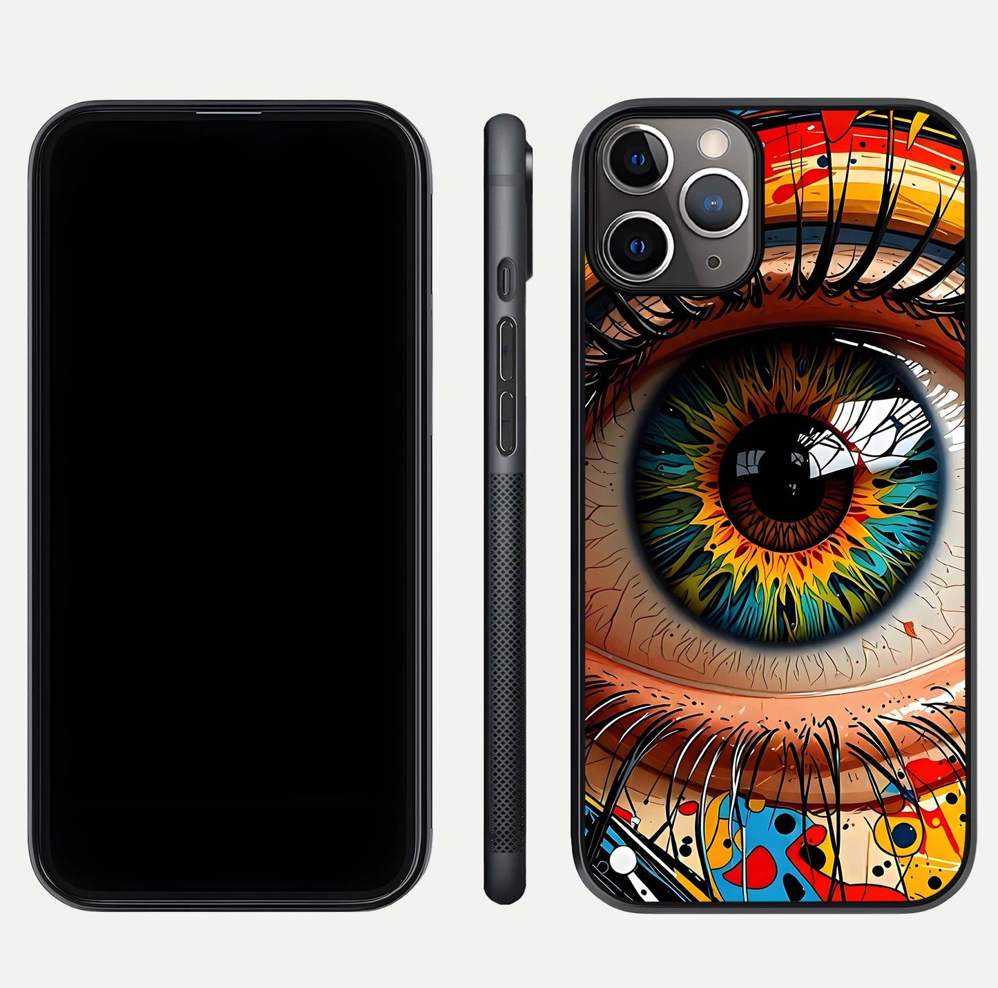 Colorful Eye Glass Case for iPhone 11 Pro Max close-up highlighting eye pattern detail and reflection shine