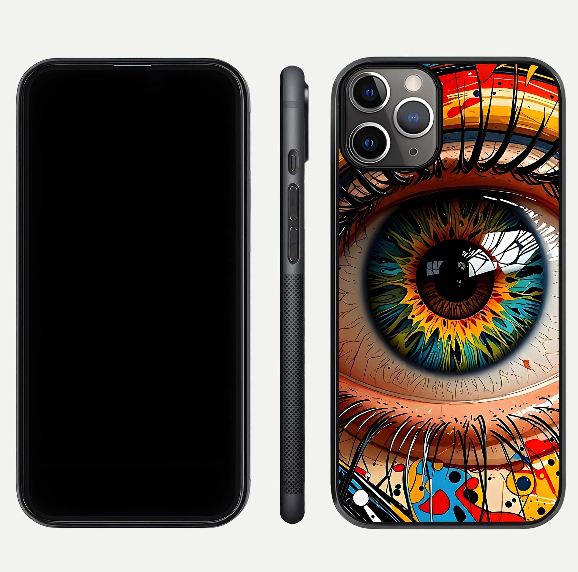 Colorful Eye Glass Case for iPhone 11 Pro Max close-up highlighting eye pattern detail and reflection shine