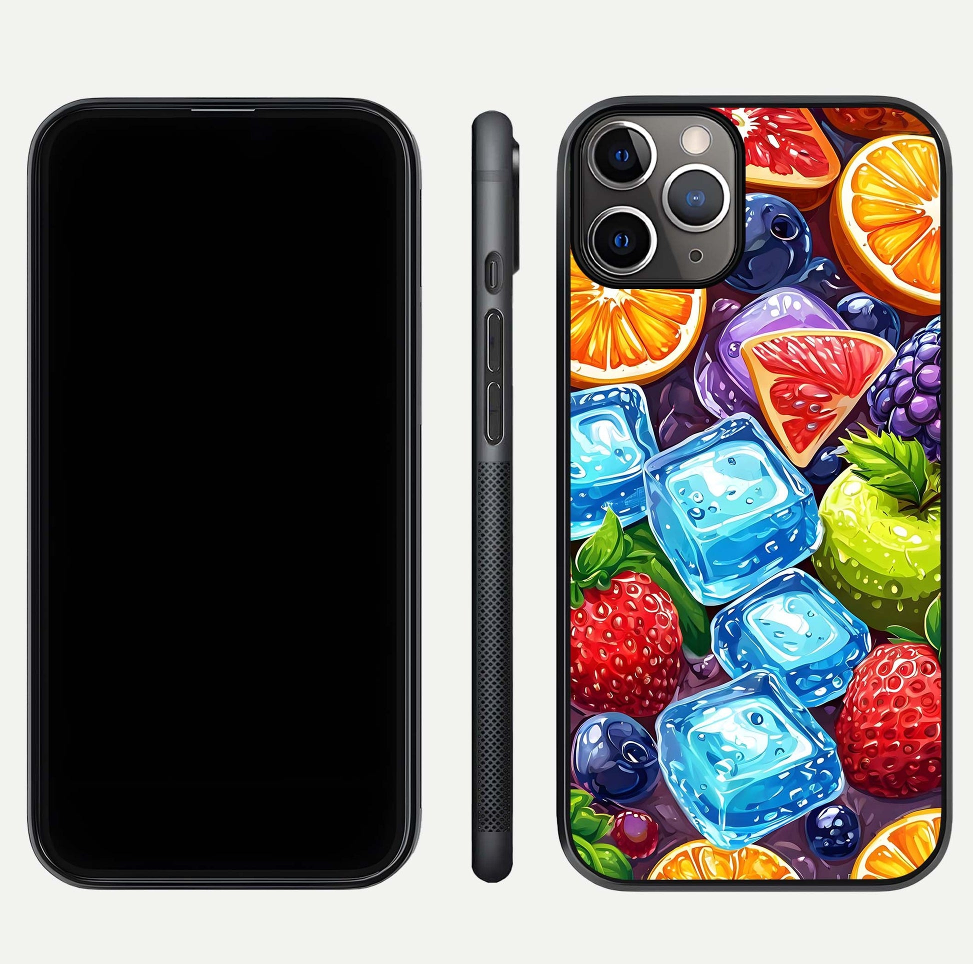 Colorful Fruits with Ice Glass Case for iPhone 11 Pro Max close-up highlighting fruit color and reflection glow