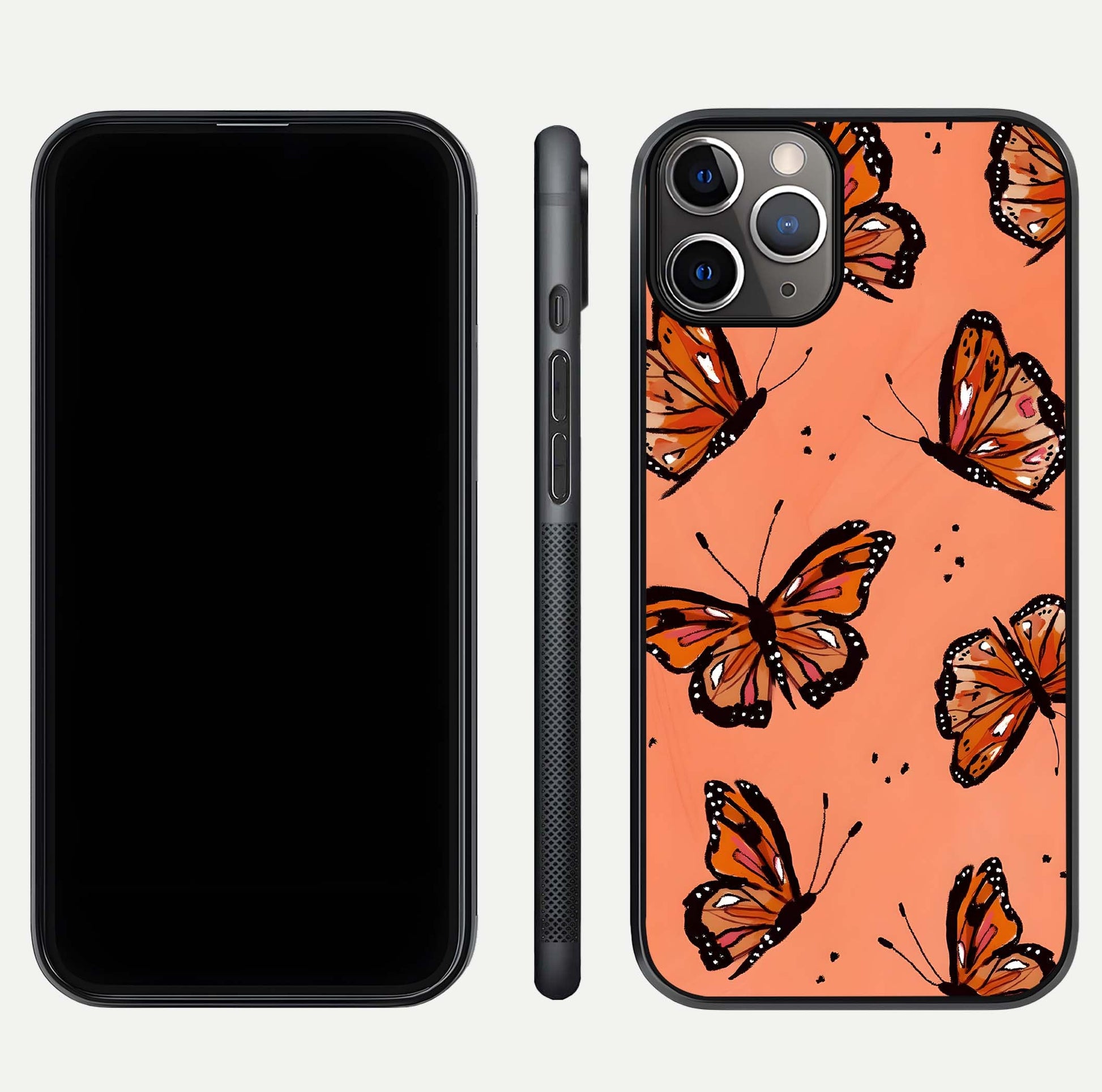 Coral Wing Butterfly Glass Case for iPhone 11 Pro Max close-up highlighting wing pattern, coral tones, and reflection shine
