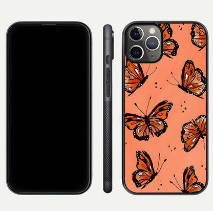 Coral Wing Butterfly Glass Case for iPhone 11 Pro Max close-up highlighting wing pattern, coral tones, and reflection shine