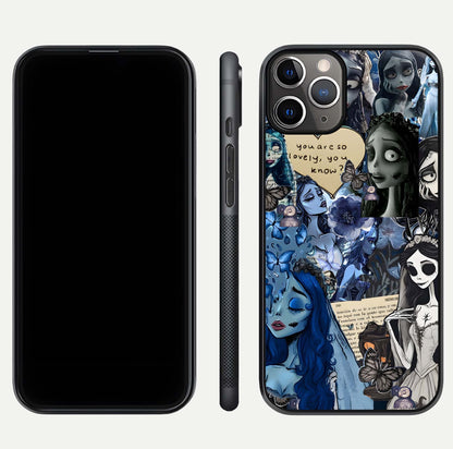 Corpse Bride Posters Glass Case for iPhone 11 Pro Max close-up highlighting detailed artwork and reflection polish