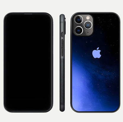 Cosmic Blue Apple Glass Case for iPhone 11 Pro Max close-up highlighting galaxy pattern, shine, and reflection detail