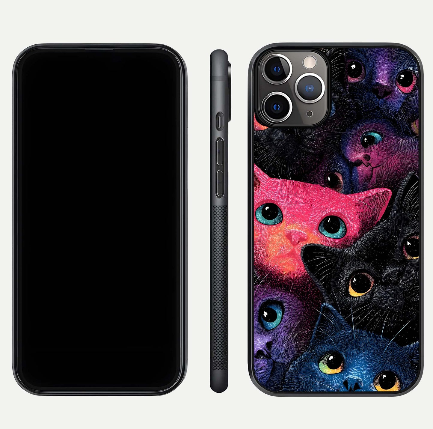 Cosmic Cats Dreams Glass Case for iPhone 11 Pro Max close-up highlighting cats and cosmic glow reflection