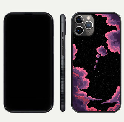 Cosmic Cloud Journey Glass Case for iPhone 11 Pro Max close-up highlighting star clusters and reflection texture