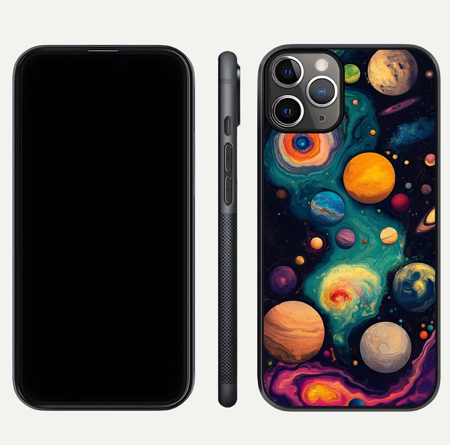 Cosmic Planet Journey Glass Case for iPhone 11 Pro Max close-up highlighting planets, stars, and shine reflection