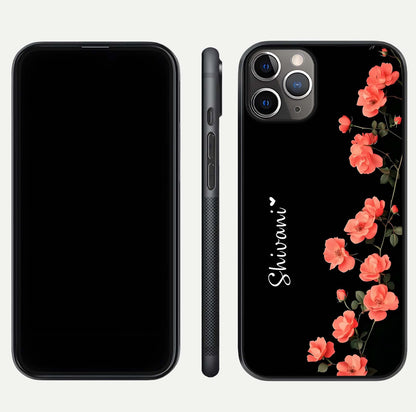 Crimson Bloom Grace Custom Name Glass Case for iPhone 11 Pro Max close-up highlighting flower pattern and reflection texture