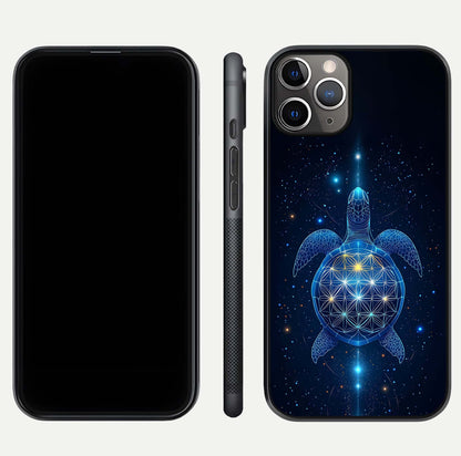 Crimson Blue Turtle Glass Case for iPhone 11 Pro Max close-up highlighting turtle shell detail and shine reflection