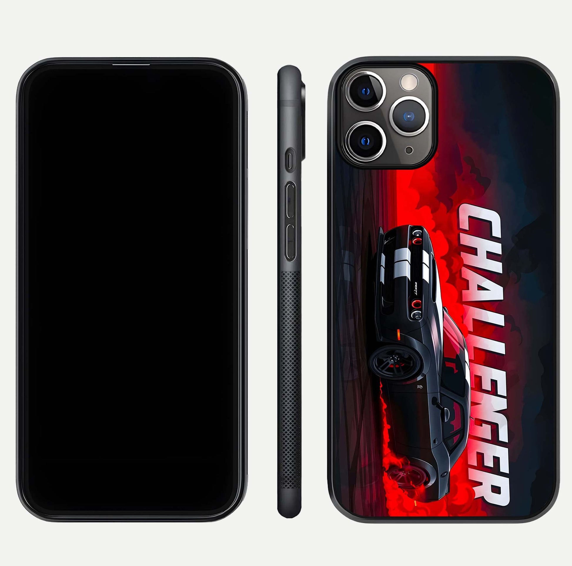 Crimson Challenger Fury Glass Case for iPhone 11 Pro Max close-up highlighting car details and reflection depth