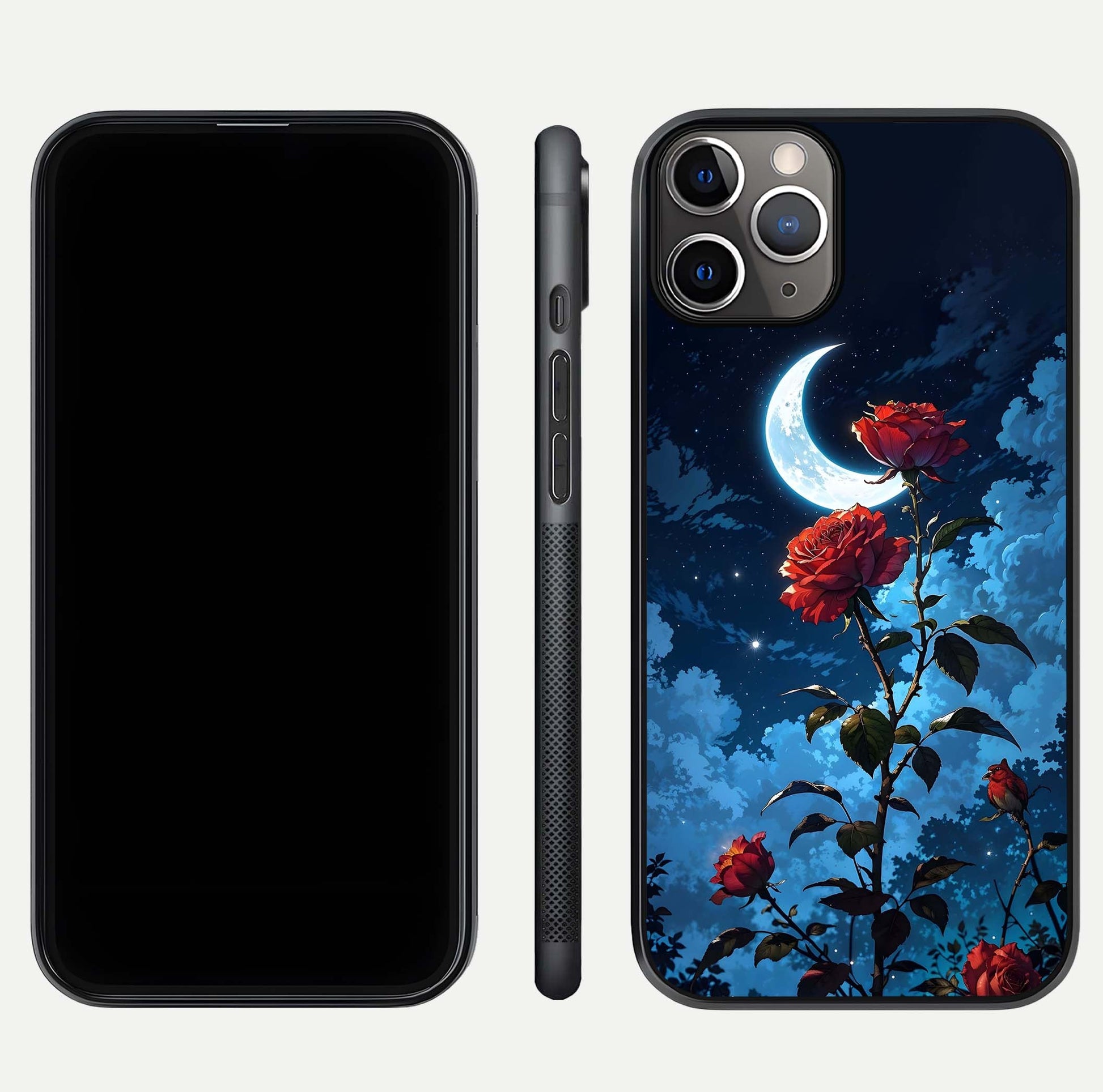 Crimson Rose Moon Glass Case for iPhone 11 Pro Max close-up showing rose detail and reflection highlight