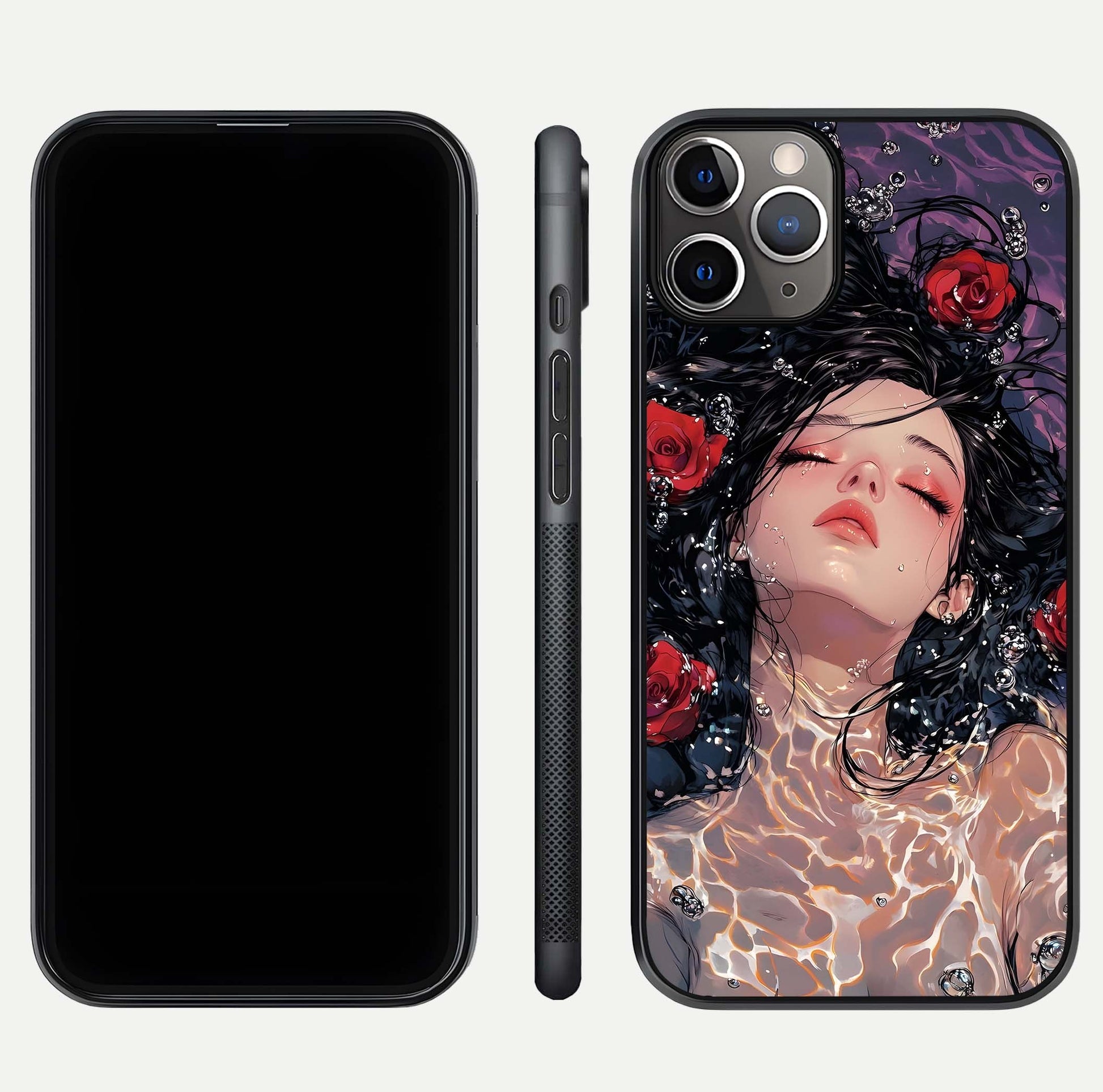 Crimson Rose Serenity Glass Case for iPhone 11 Pro Max close-up highlighting rose gradient and reflection detail