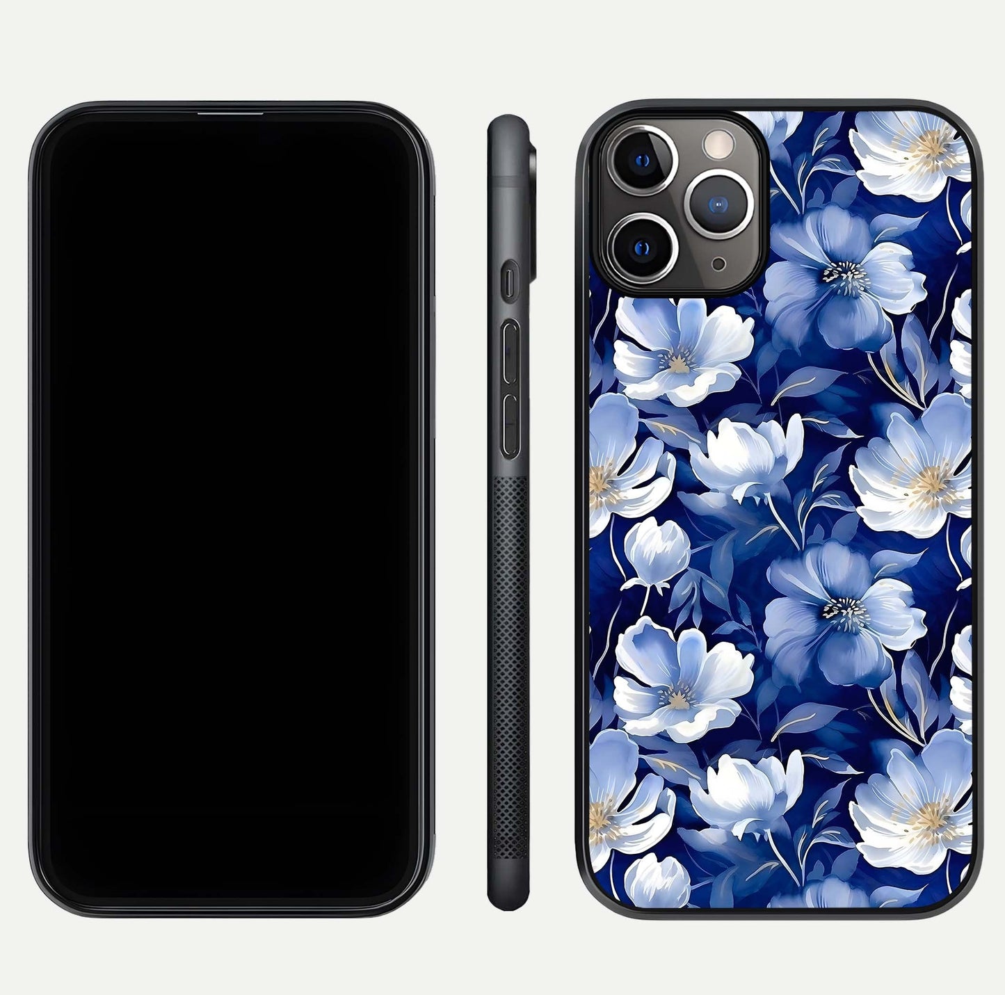 Cute Floral Patterns Glass Case for iPhone 11 Pro Max close-up highlighting flowers and gloss reflection
