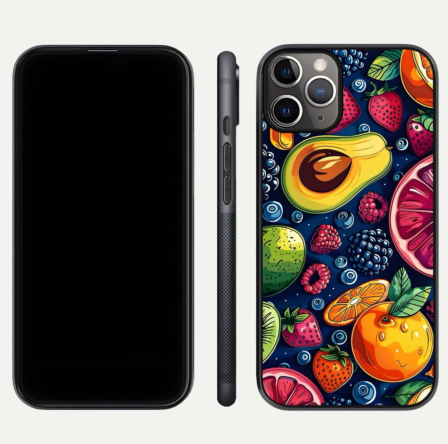 Cute Fruits Art Glass Case for iPhone 11 Pro Max close-up highlighting fruit shapes, color tones, and reflection polish