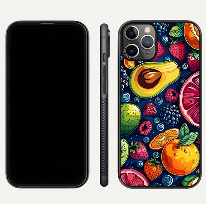Cute Fruits Art Glass Case for iPhone 11 Pro Max close-up highlighting fruit shapes, color tones, and reflection polish