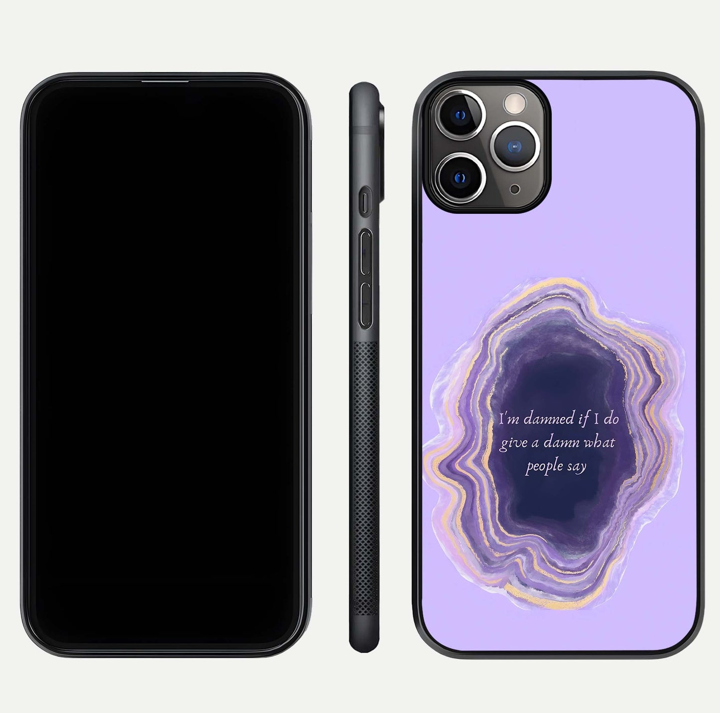 Damned People Quote Glass Case for iPhone 11 Pro Max close-up highlighting quote text and reflection depth