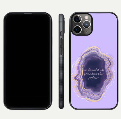Damned People Quote Glass Case for iPhone 11 Pro Max close-up highlighting quote text and reflection depth