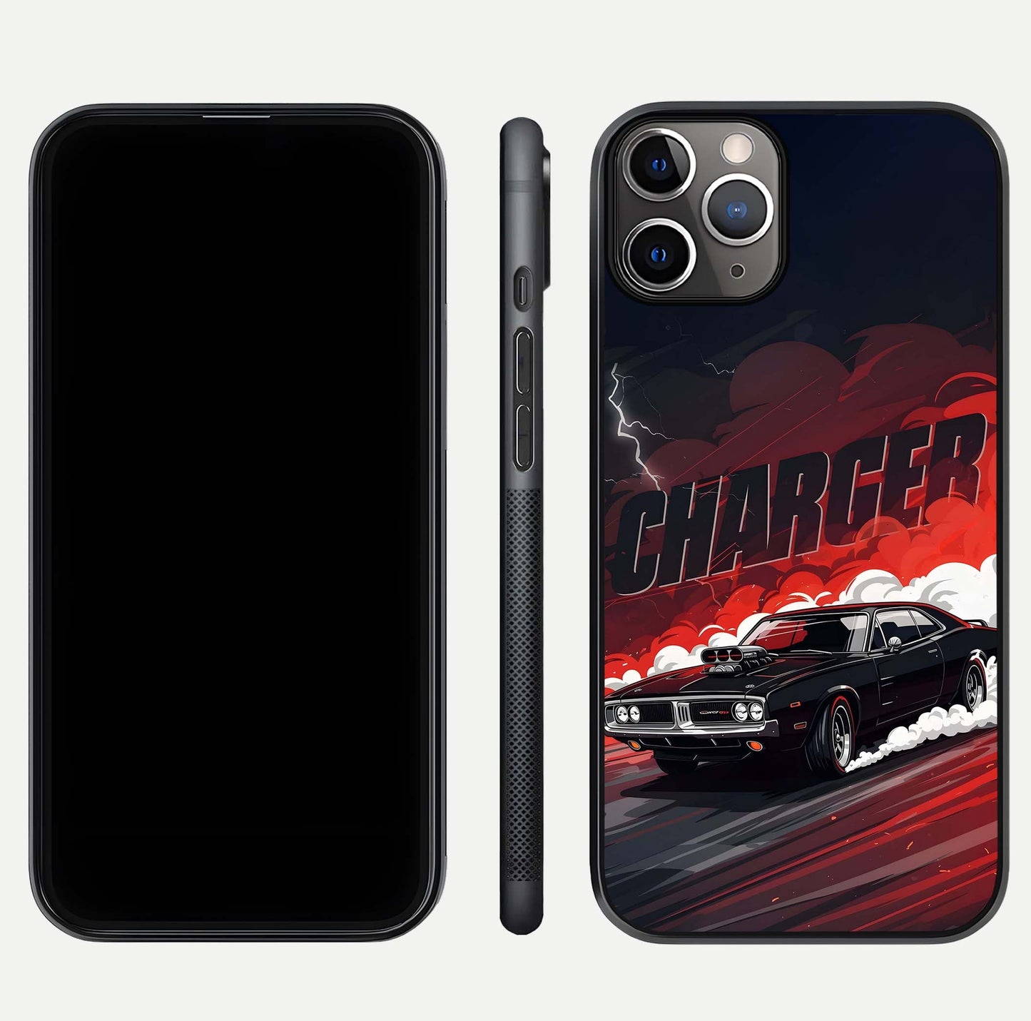 Dark Charger Fury Glass Case for iPhone 11 Pro Max close-up highlighting car reflection and light gloss