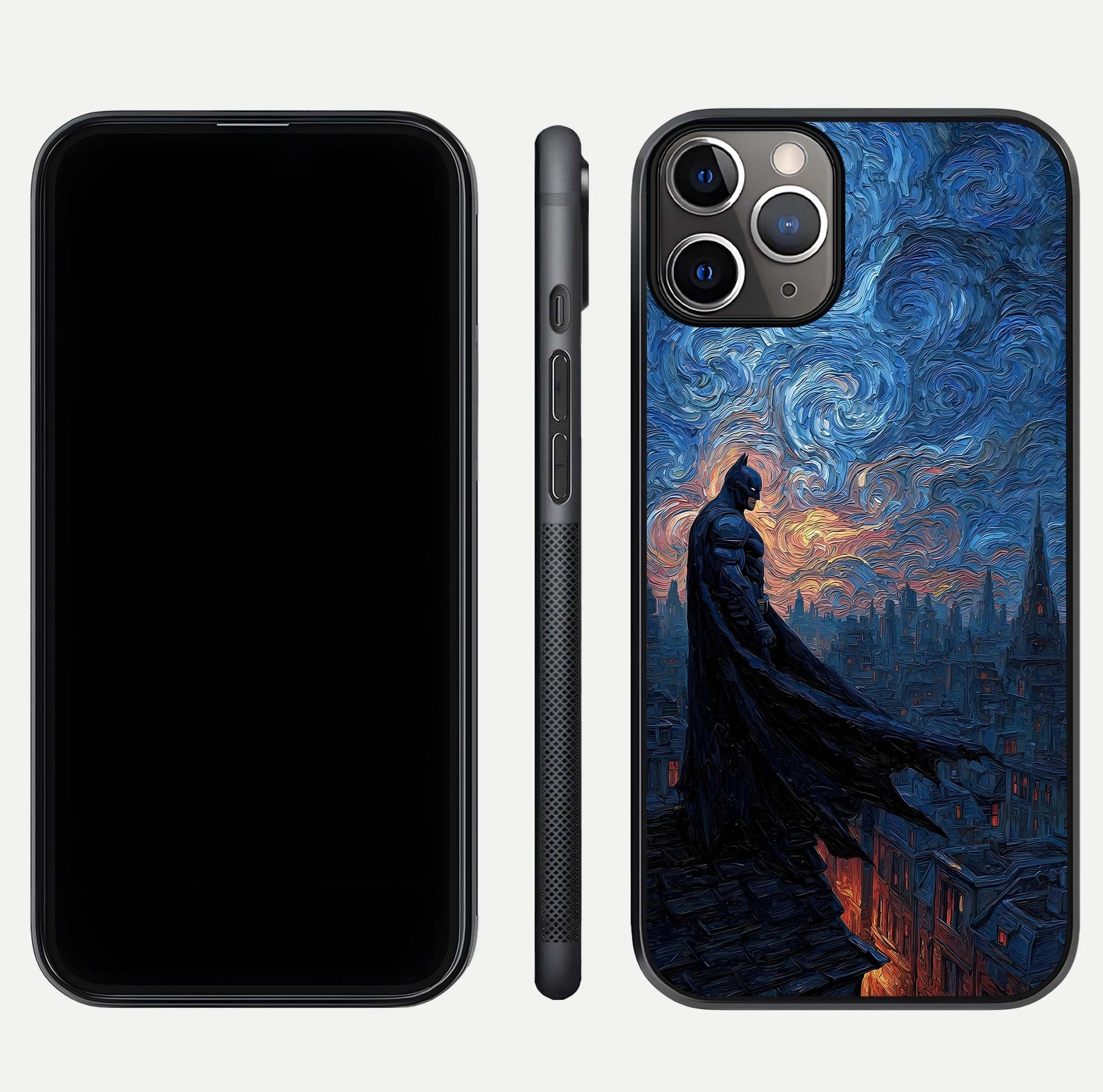 Dark Knight Dusk Glass Case for iPhone 11 Pro Max close-up highlighting dark suit texture and reflection detail
