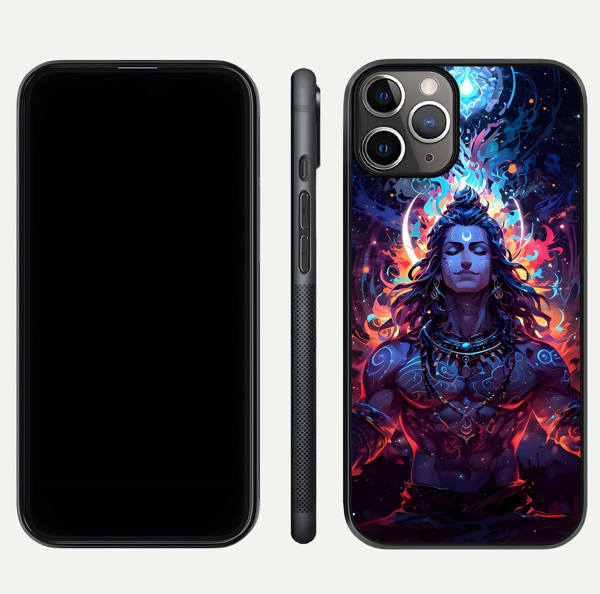 Divine Fire Shiv Glass Case for iPhone 11 Pro Max close-up highlighting divine detailing and reflection depth