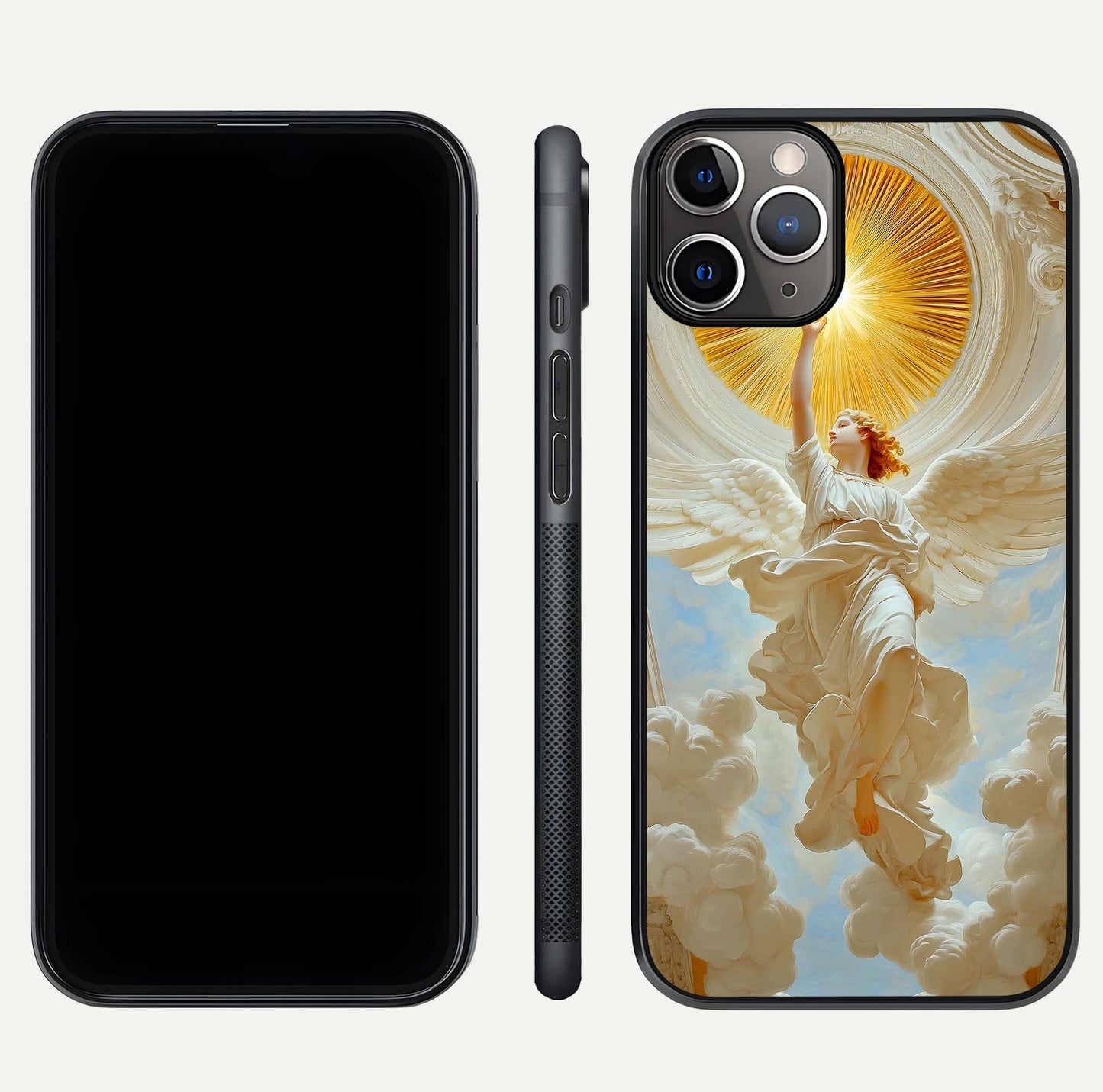 Divine Light Angel Glass Case for iPhone 11 Pro Max close-up highlighting light rays and glass reflection