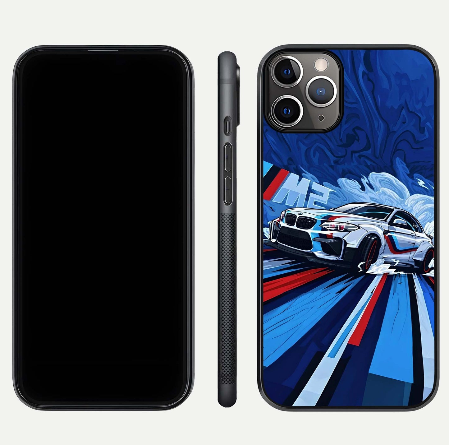 Drift Power Rush Glass Case for iPhone 11 Pro Max close-up highlighting car reflection and metallic tones
