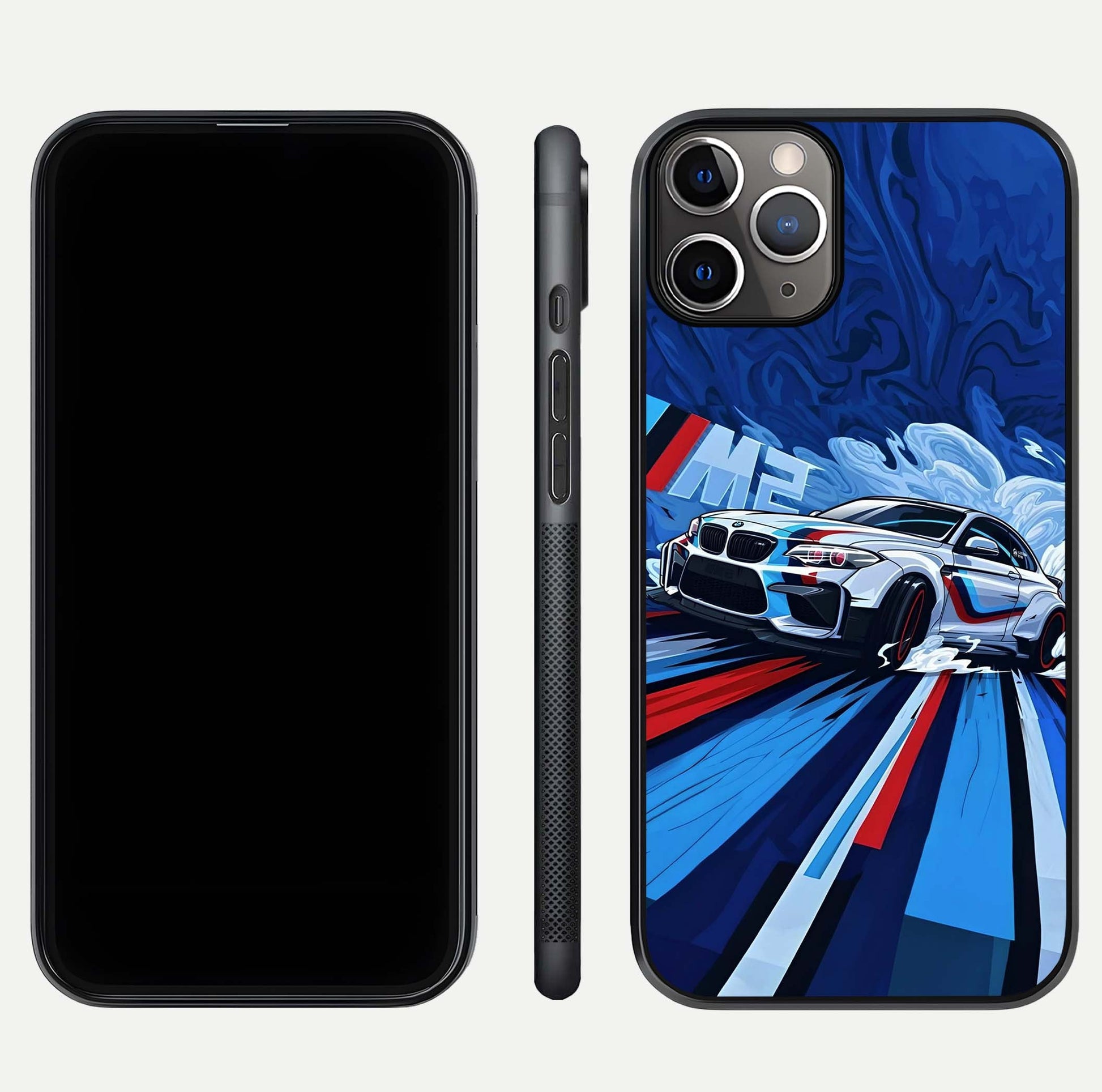 Drift Power Rush Glass Case for iPhone 11 Pro Max close-up highlighting car reflection and metallic tones