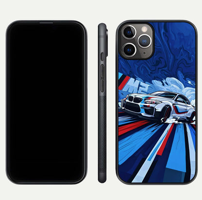 Drift Power Rush Glass Case for iPhone 11 Pro Max close-up highlighting car reflection and metallic tones