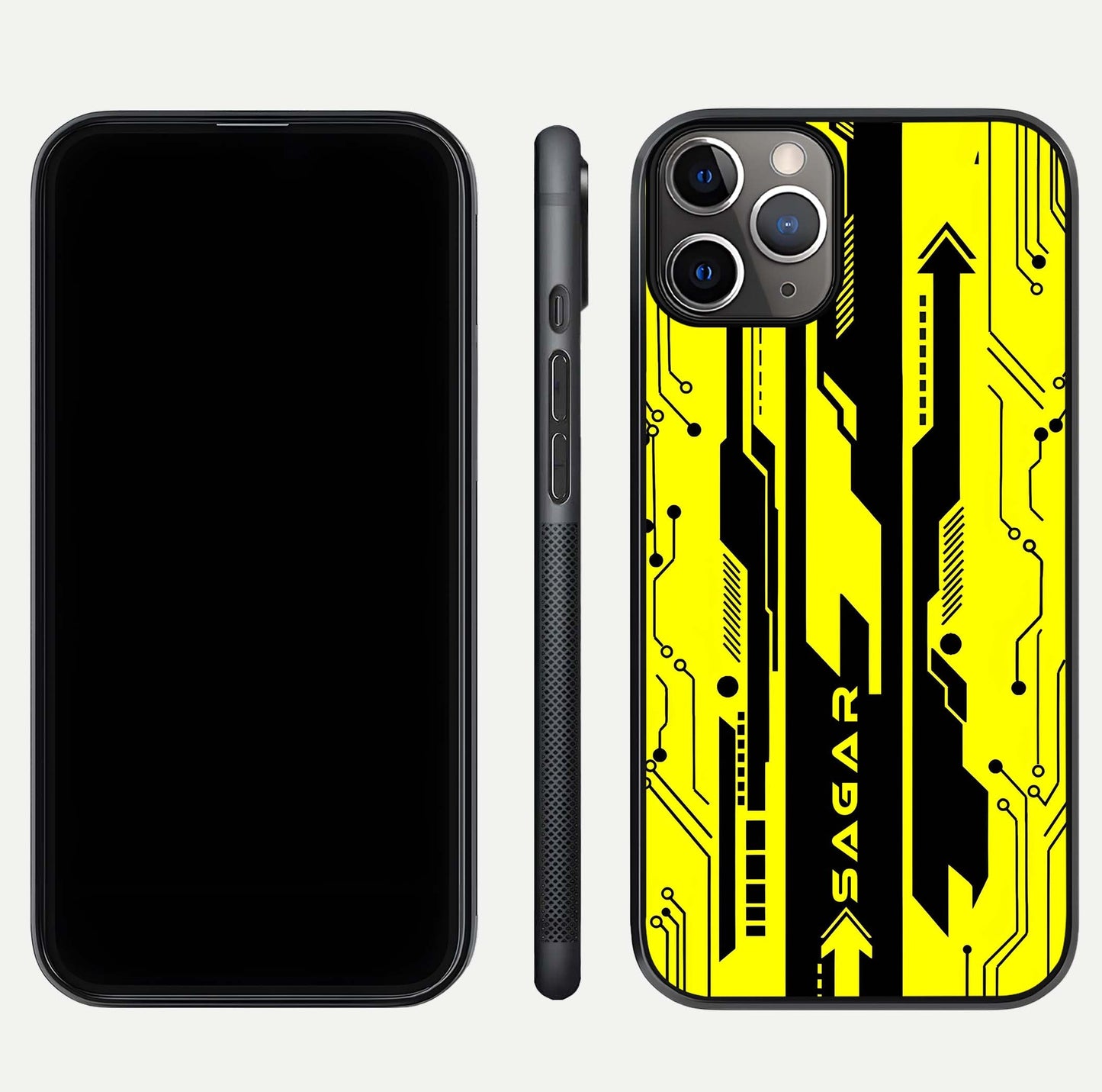 Electric Pulse CYBERPUNK Custom Name Glass Case for iPhone 11 Pro Max close-up highlighting tech pattern, lighting effect, and reflection shine