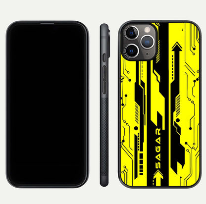 Electric Pulse CYBERPUNK Custom Name Glass Case for iPhone 11 Pro Max close-up highlighting tech pattern, lighting effect, and reflection shine