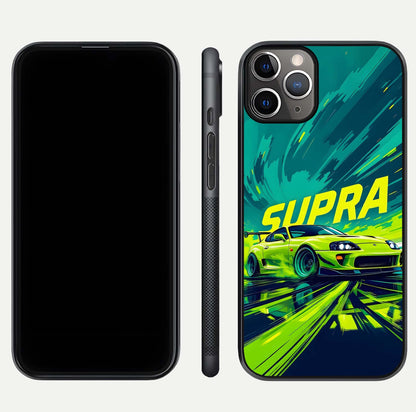 Electric Supra Thunder Glass Case for iPhone 11 Pro Max close-up highlighting car reflection, neon tones, and gloss polish