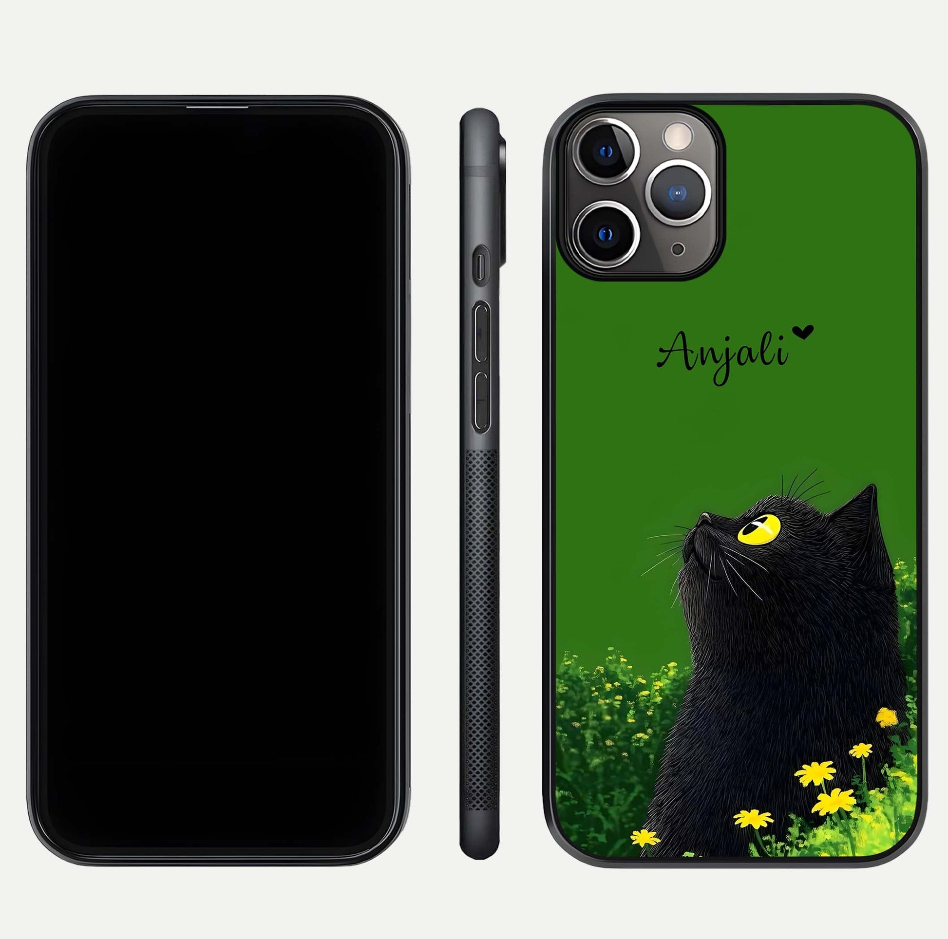 Emerald Cat Custom Name Glass Case for iPhone 11 Pro Max close-up highlighting feline detail, emerald hues, and reflection polish