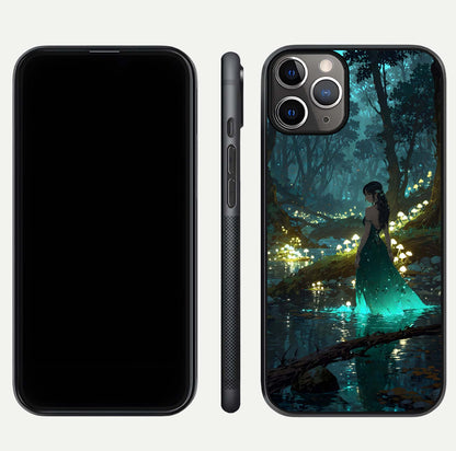 Enchanted Forest Glow Glass Case for iPhone 11 Pro Max close-up highlighting trees, lights, and reflection texture