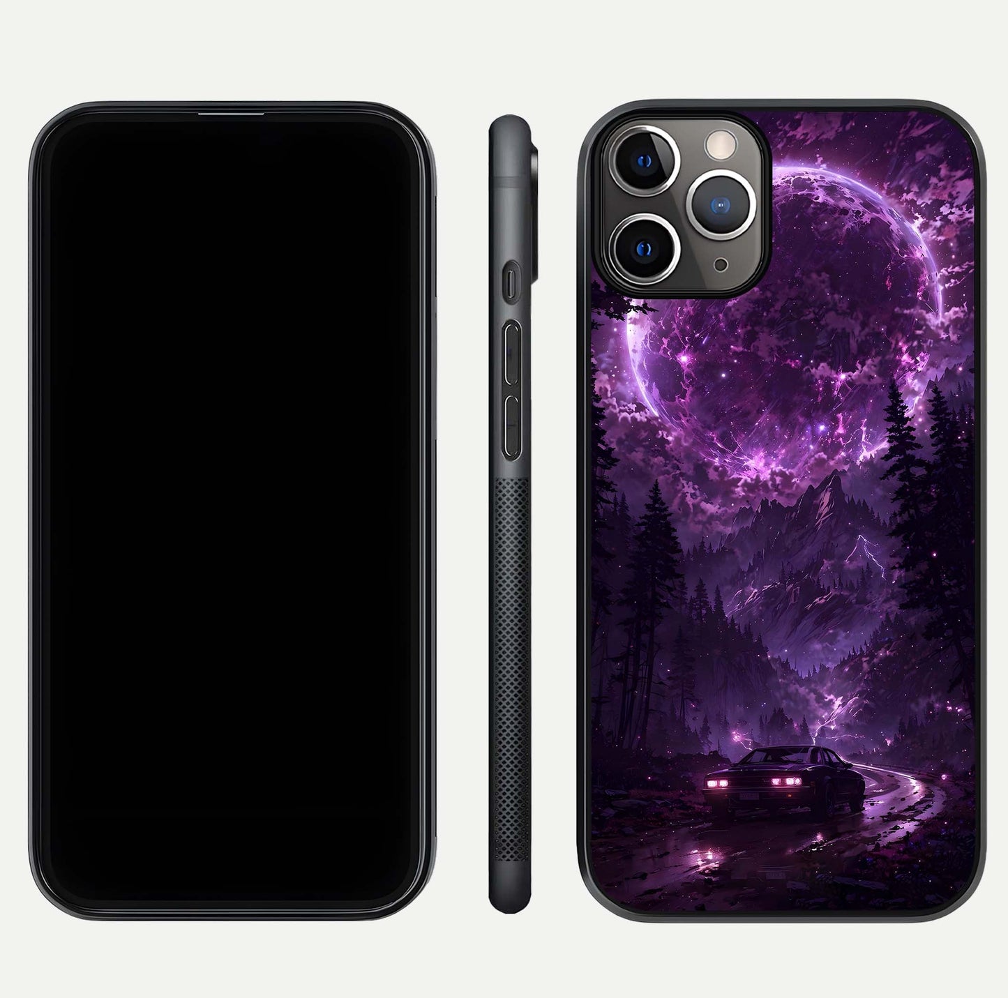Eternal Cosmic Drive Glass Case for iPhone 11 Pro Max close-up highlighting cosmic lights and reflection depth