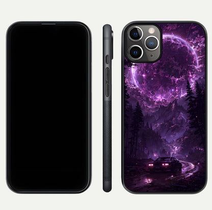 Eternal Cosmic Drive Glass Case for iPhone 11 Pro Max close-up highlighting cosmic lights and reflection depth