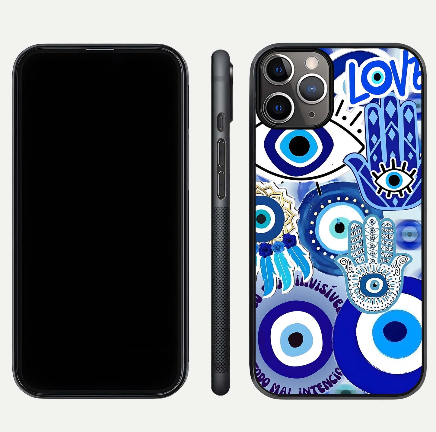 Evil Eyes Dream Glass Case for iPhone 11 Pro Max close-up highlighting evil-eye charm detail and light reflection on glass