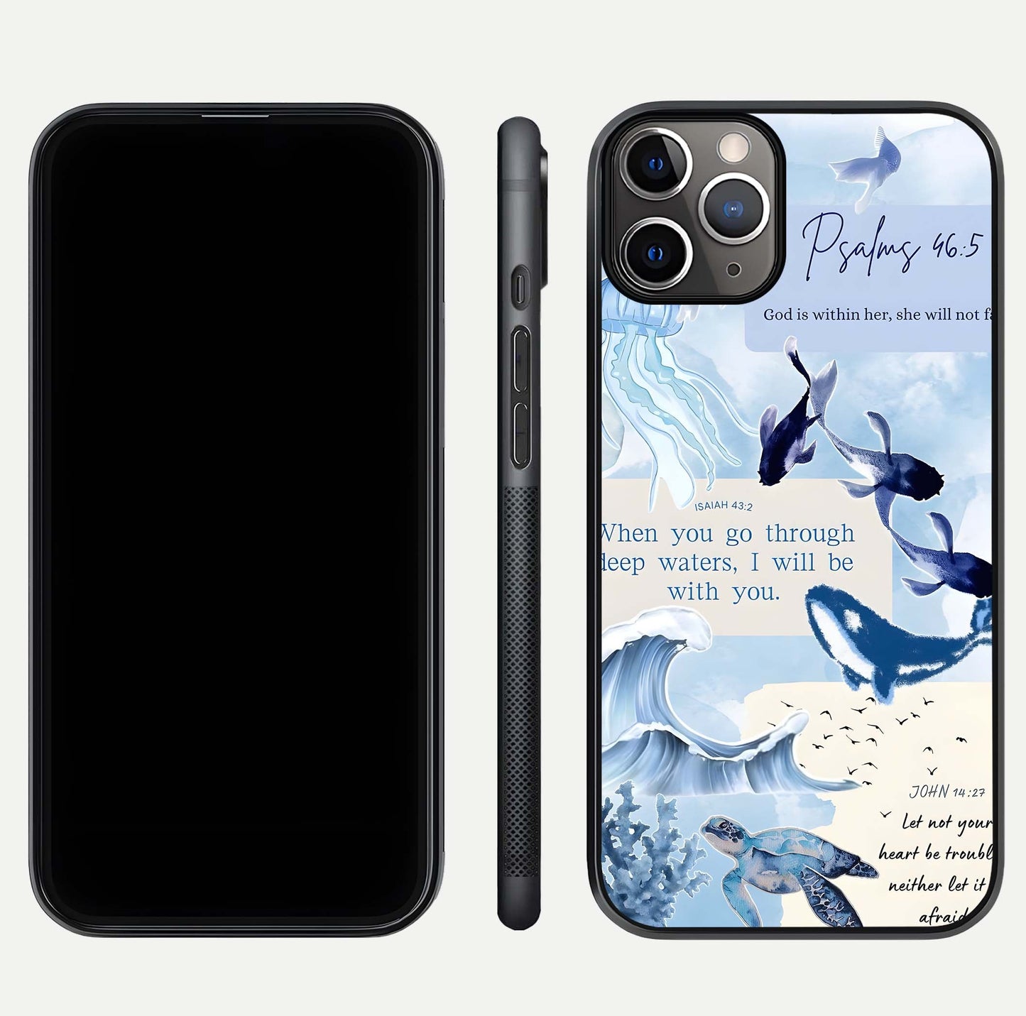 Faithful Ocean Promise Glass Case for iPhone 11 Pro Max close-up highlighting water reflection and serene blue tones